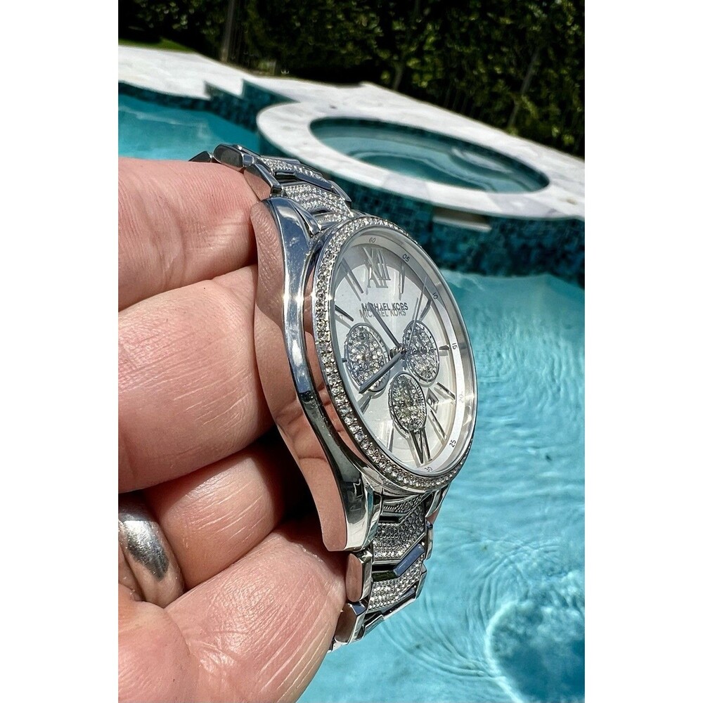 MICHAEL KORS Women's Chronograph Whitney Stainless Steel Pavé Bracelet Watch - Picture 5 of 9